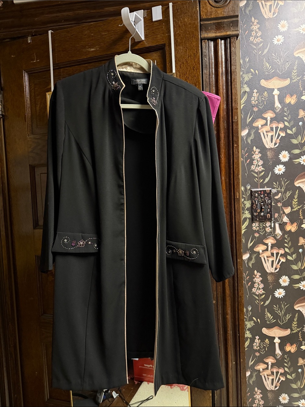 dressbarn Black Long Embroidered Trench Coat with Beige Trim